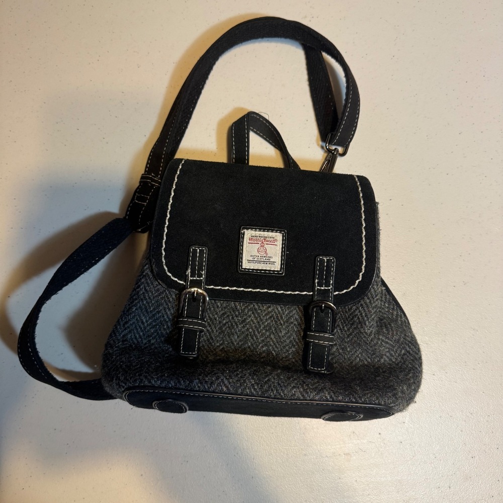 Harris Tweed Islander Mini‎ Backpack Purse Black Wool Suede Satchel Scotland EUC